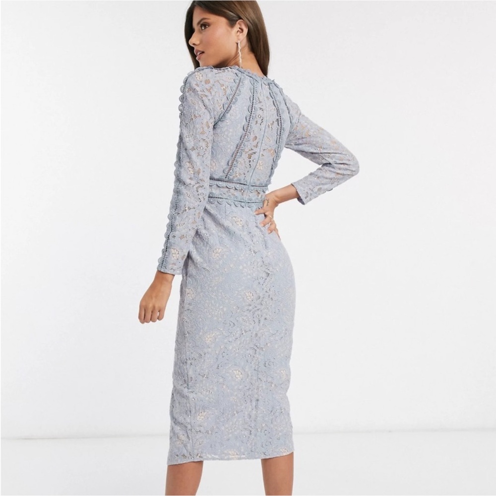 ASOS Blue Long Sleeve Pencil Dress in Lace Geo Lace Trim - Picture 2 of 6